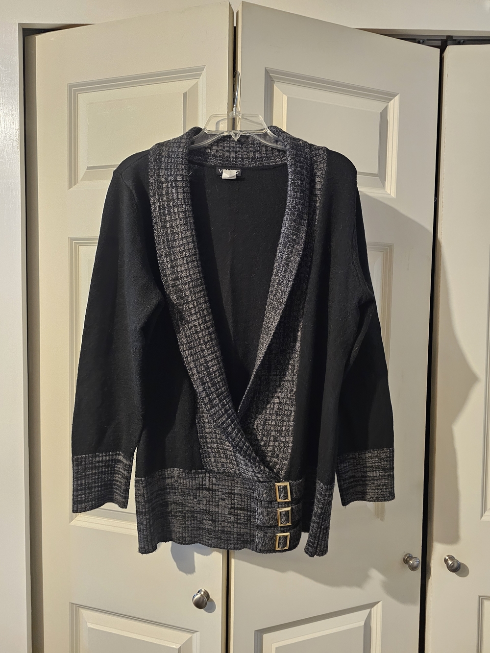VENUS Black and Charcoal Knit Sweater Fake Buckle Bottom. Large